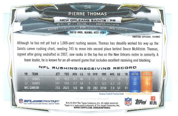 Back of Pierre Thomas 2014 Topps Card